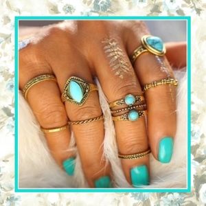 🌸8PC GOLD TURQUOISE KNUCKLE RINGS BLUE BOHO CHIC